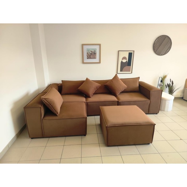 Canapé Modulable 4 Places + Pouf | Tissu Anti-Taches | Modulo
