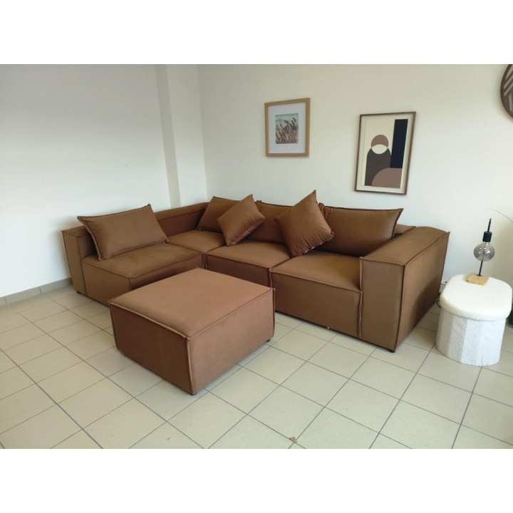 Canapé Modulable 4 Places + Pouf | Tissu Anti-Taches | Modulo