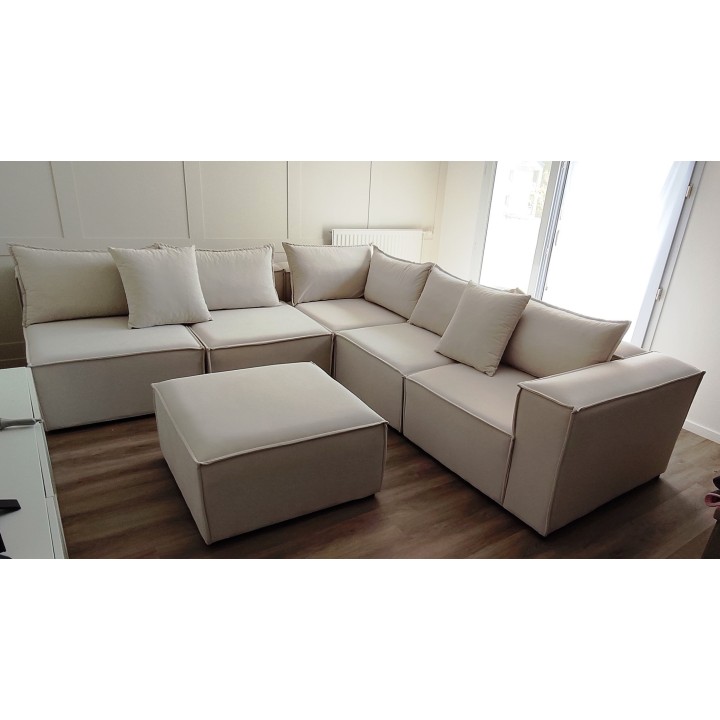 Canapé Modulable 4 Places + Pouf | Tissu Anti-Taches | Modulo