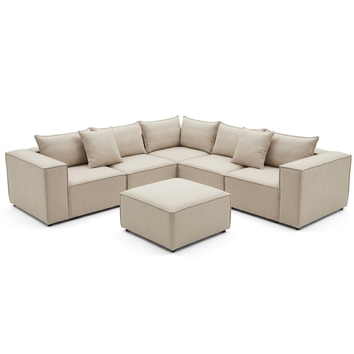 Canapé Modulable 4 Places + Pouf | Tissu Anti-Taches | Modulo