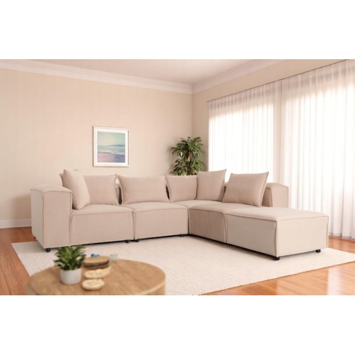 Canapé Modulable 4 Places + Pouf | Tissu Anti-Taches | Modulo