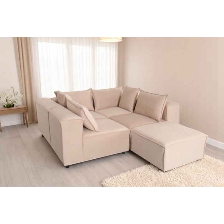 Canapé Modulable 4 Places + Pouf | Tissu Anti-Taches | Modulo
