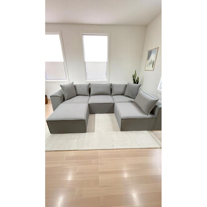 Canapé Modulable 4 Places + Pouf | Tissu Anti-Taches | Modulo