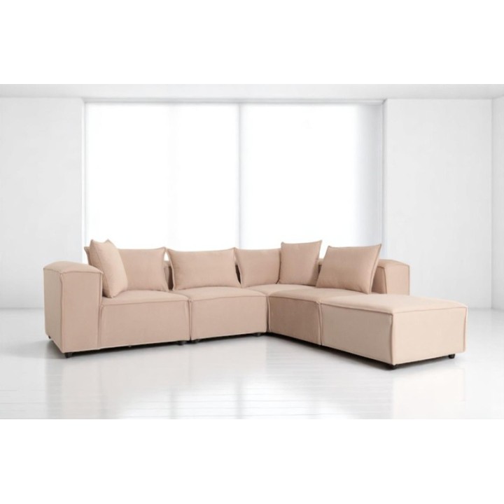 Canapé Modulable 4 Places + Pouf | Tissu Anti-Taches | Modulo