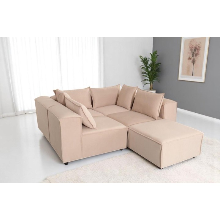 Canapé Modulable 4 Places + Pouf | Tissu Anti-Taches | Modulo