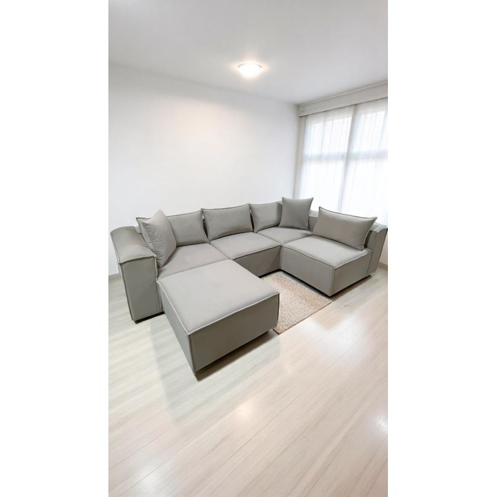 Canapé Modulable 4 Places + Pouf | Tissu Anti-Taches | Modulo