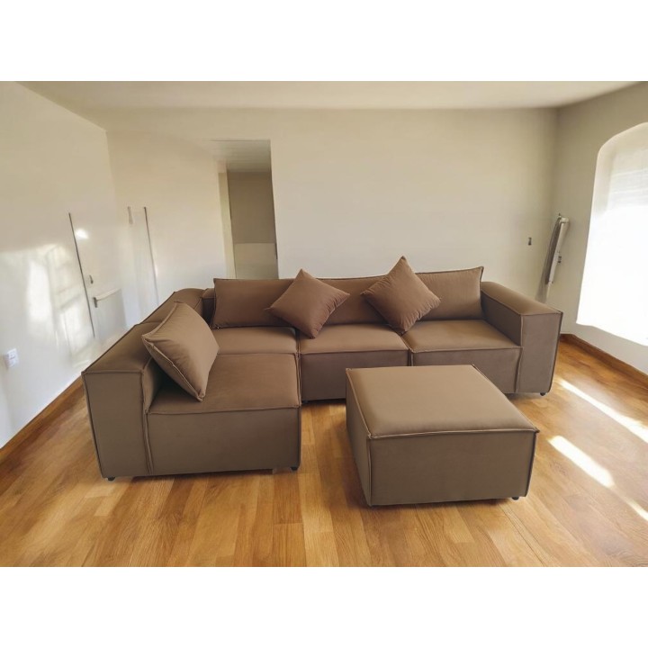 Canapé Modulable 4 Places + Pouf | Tissu Anti-Taches | Modulo