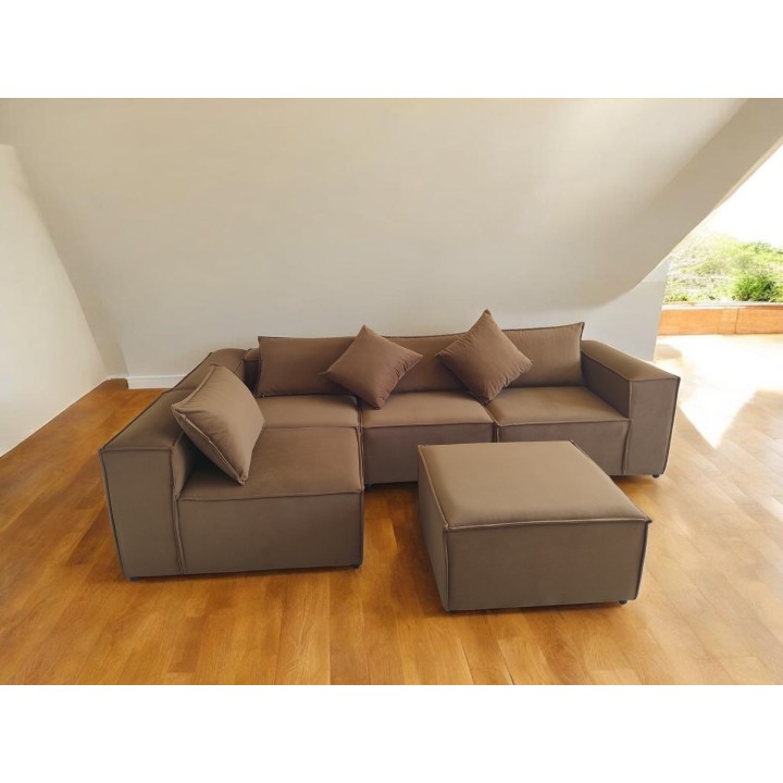 Canapé Modulable 4 Places + Pouf | Tissu Anti-Taches | Modulo
