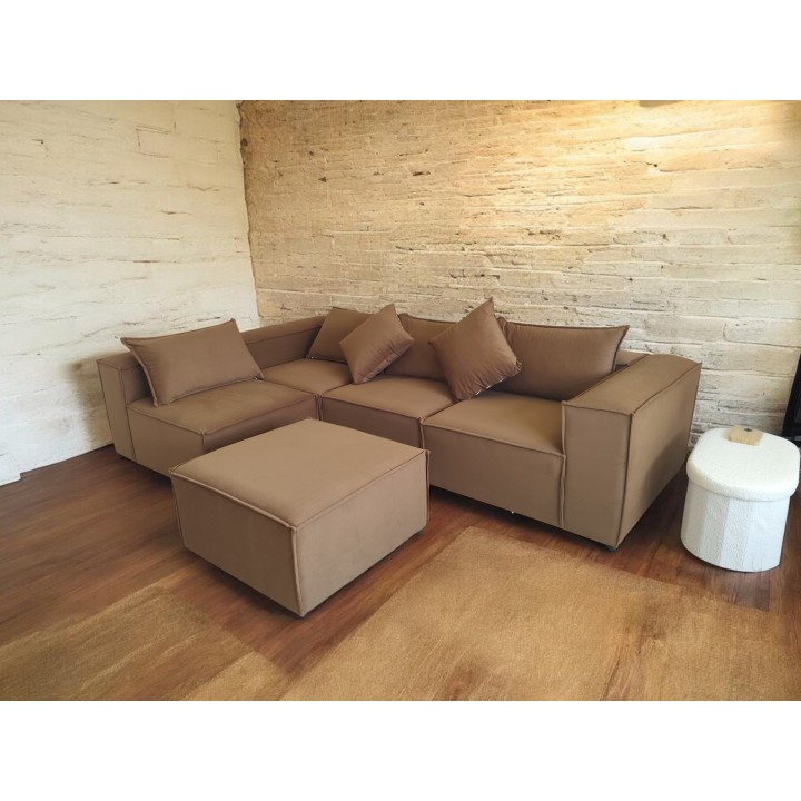 Canapé Modulable 4 Places + Pouf | Tissu Anti-Taches | Modulo
