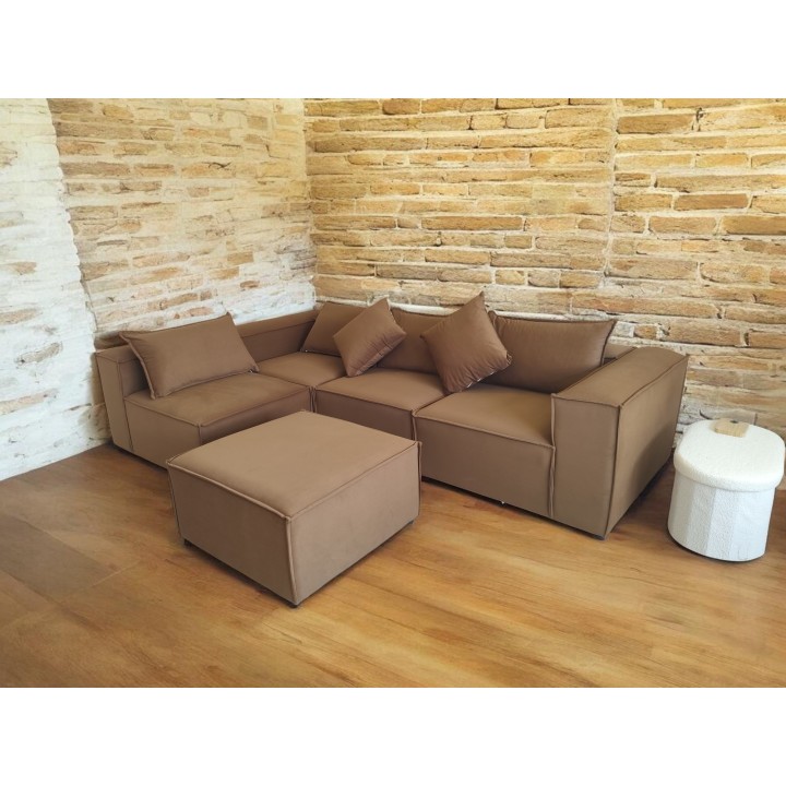 Canapé Modulable 4 Places + Pouf | Tissu Anti-Taches | Modulo
