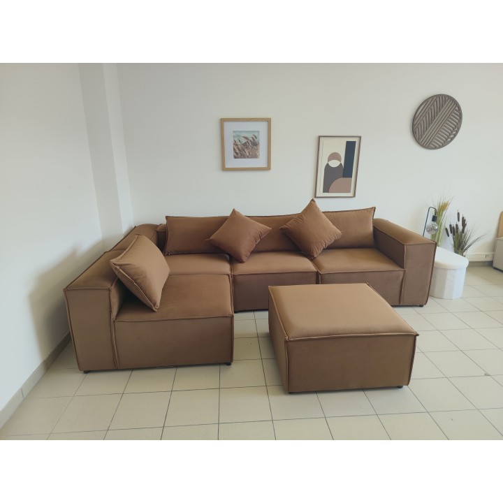 Canapé Modulable 4 Places + Pouf | Tissu Anti-Taches | Modulo